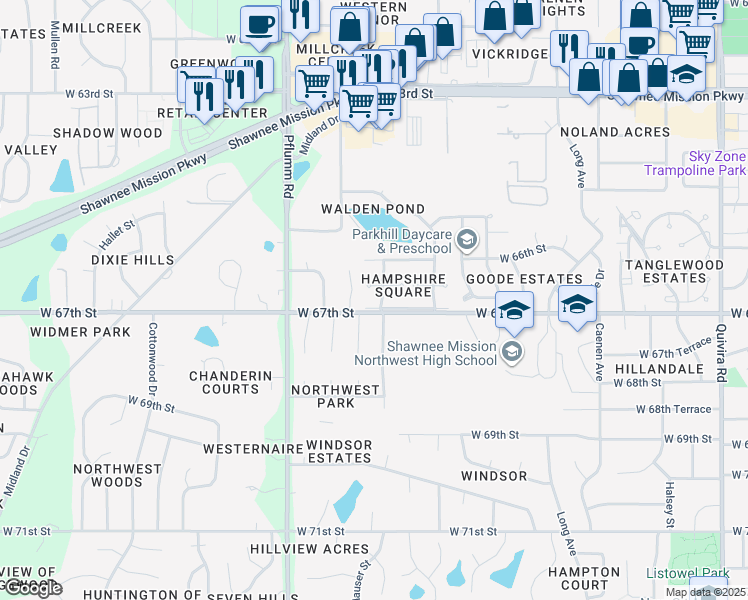 map of restaurants, bars, coffee shops, grocery stores, and more near 6636 Noland Road in Shawnee