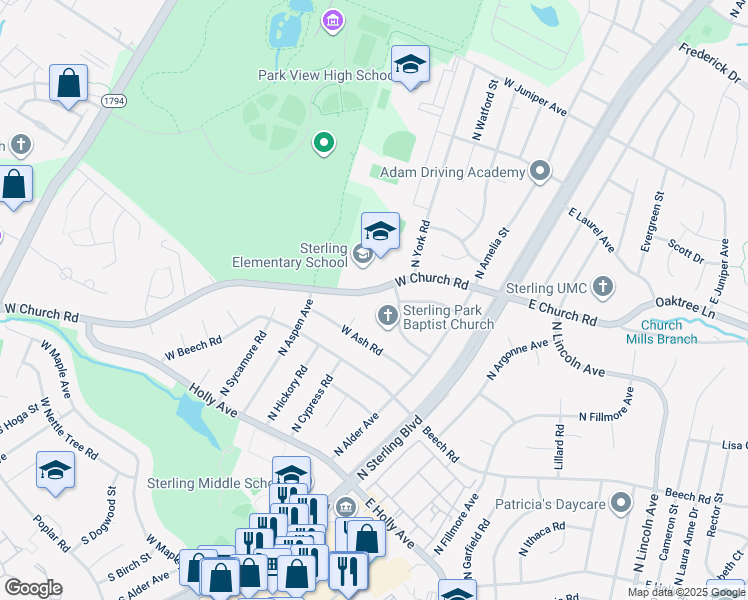 map of restaurants, bars, coffee shops, grocery stores, and more near 207 West Church Road in Sterling