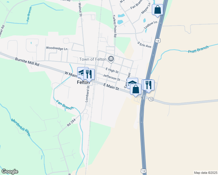 map of restaurants, bars, coffee shops, grocery stores, and more near 110 East Main Street in Felton