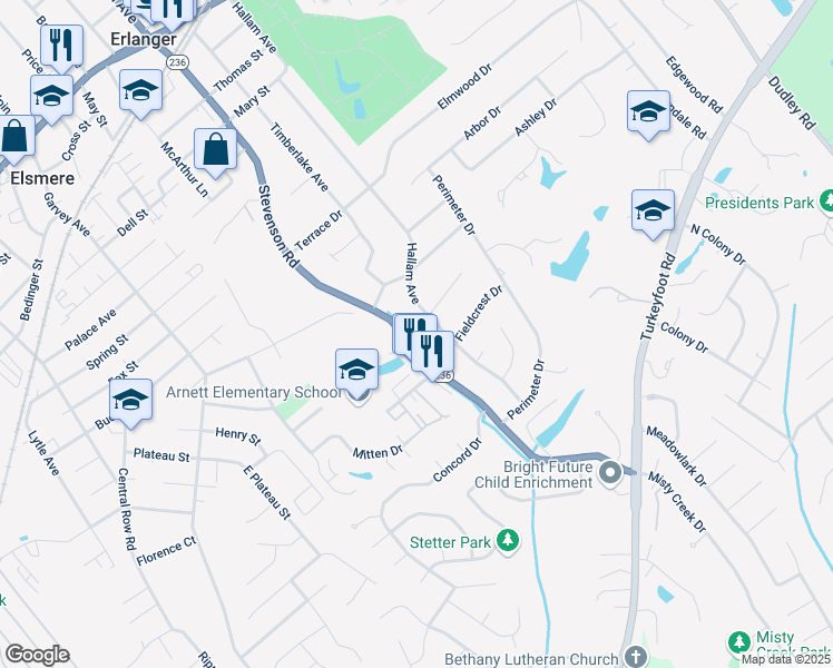map of restaurants, bars, coffee shops, grocery stores, and more near 547 Stevenson Road in Erlanger