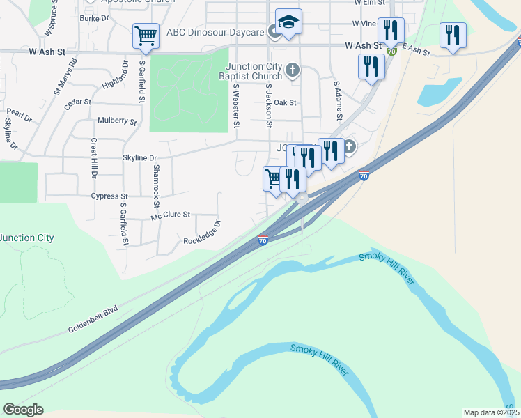 map of restaurants, bars, coffee shops, grocery stores, and more near 1334 South Jackson Street in Junction City