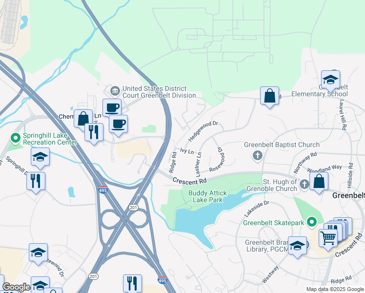 map of restaurants, bars, coffee shops, grocery stores, and more near 101 Hedgewood Drive in Greenbelt