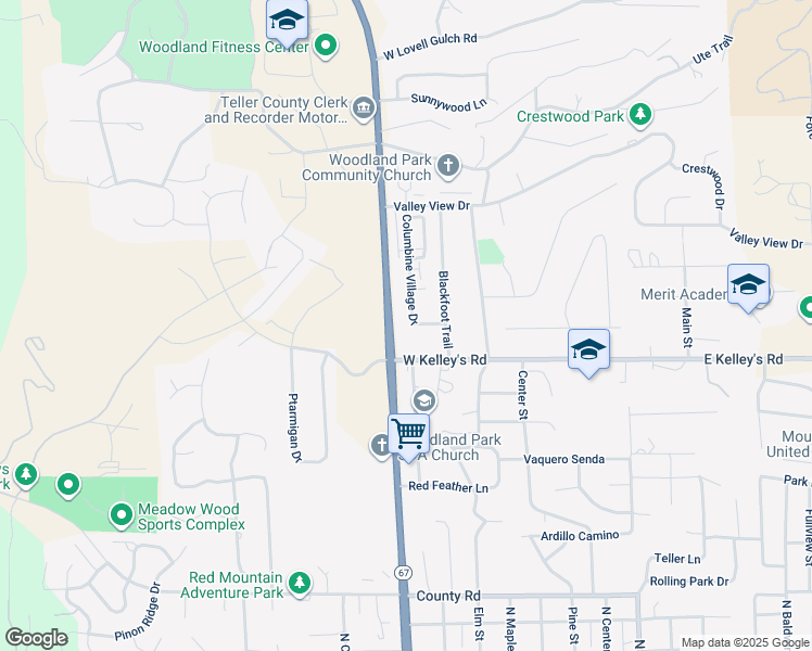 map of restaurants, bars, coffee shops, grocery stores, and more near 761 Columbine Village Drive in Woodland Park
