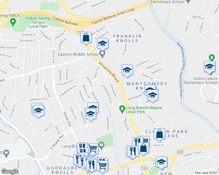 map of restaurants, bars, coffee shops, grocery stores, and more near 9226 Glenville Road in Silver Spring