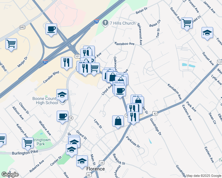 map of restaurants, bars, coffee shops, grocery stores, and more near 6804 Sebree Drive in Florence