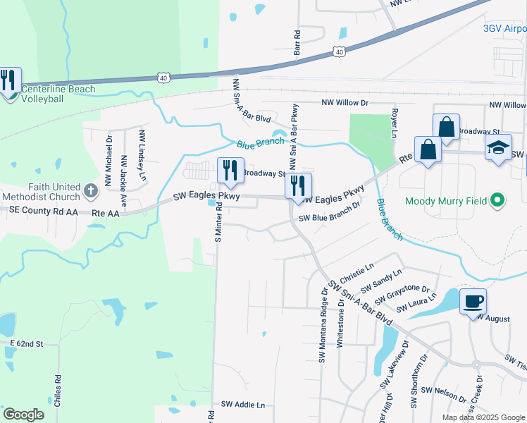 map of restaurants, bars, coffee shops, grocery stores, and more near 1325 Southwest Minter Way in Grain Valley
