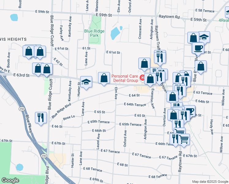map of restaurants, bars, coffee shops, grocery stores, and more near 9408 Elm Avenue in Raytown