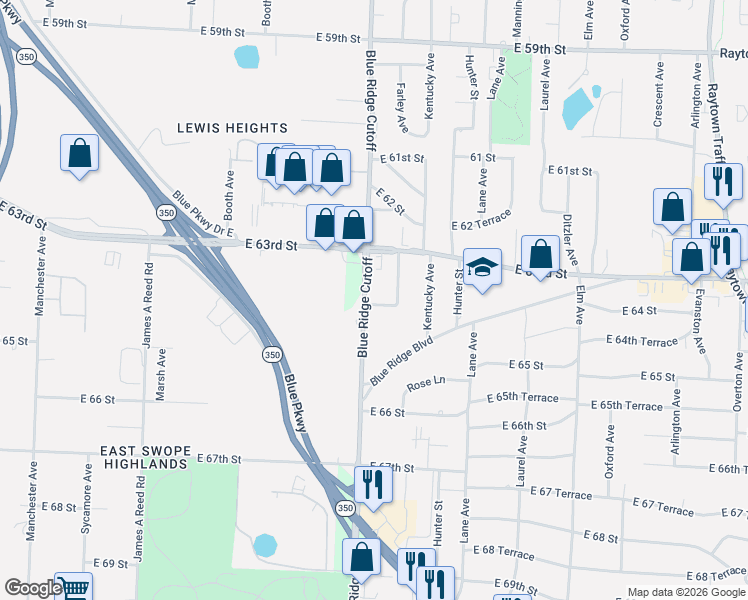 map of restaurants, bars, coffee shops, grocery stores, and more near in Raytown