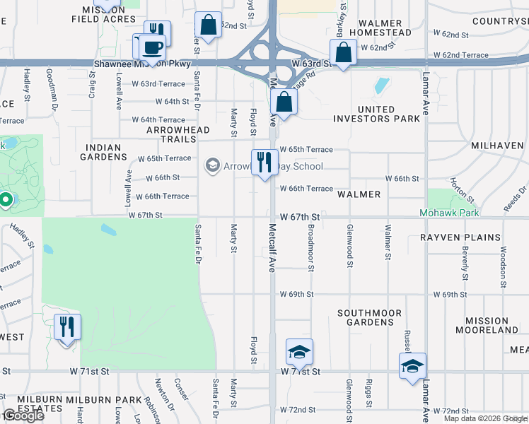 map of restaurants, bars, coffee shops, grocery stores, and more near in Overland Park