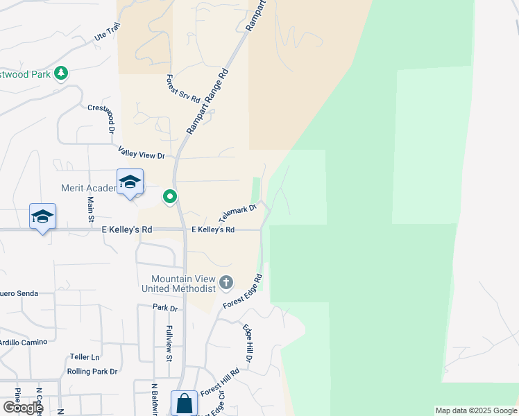 map of restaurants, bars, coffee shops, grocery stores, and more near 1221 Forest Edge Road in Woodland Park