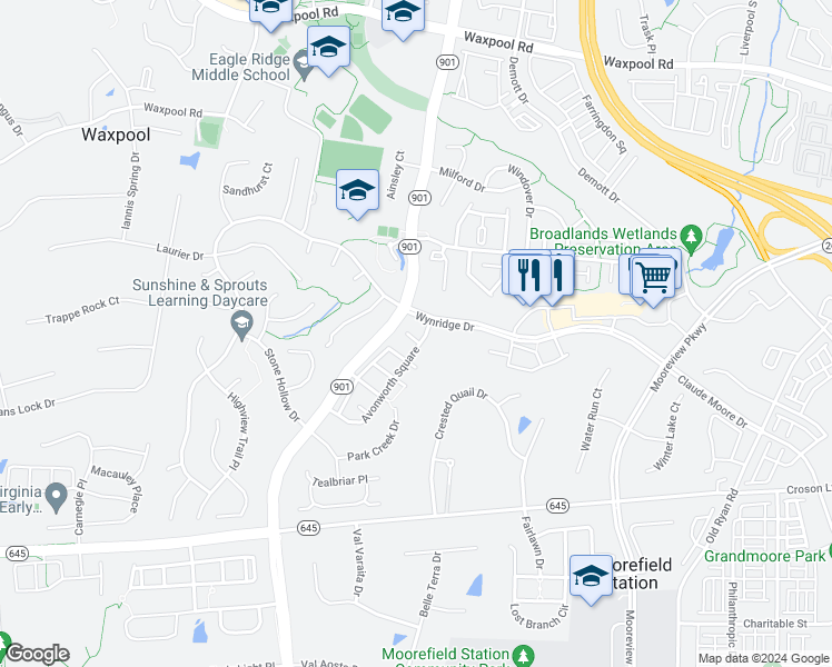 map of restaurants, bars, coffee shops, grocery stores, and more near 43046 Pallan Terrace in Broadlands