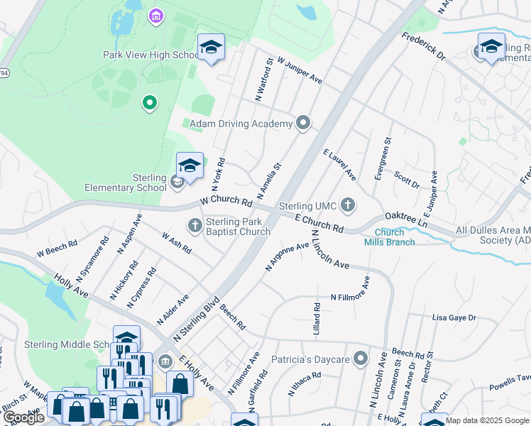 map of restaurants, bars, coffee shops, grocery stores, and more near 527 North Sterling Boulevard in Sterling