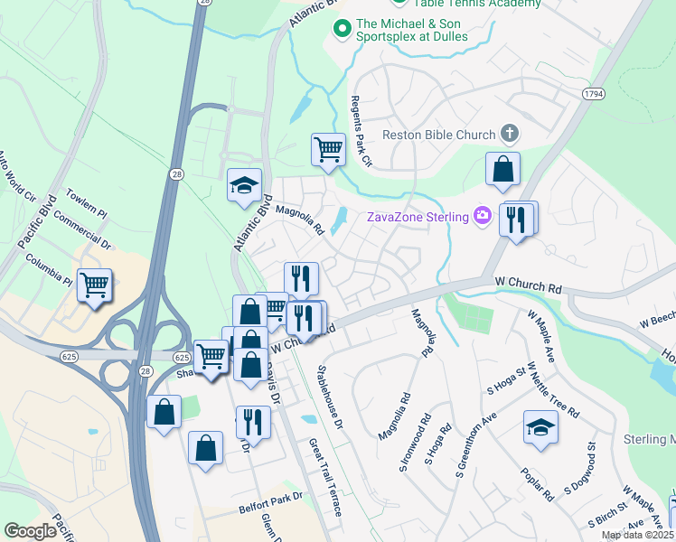 map of restaurants, bars, coffee shops, grocery stores, and more near 21963 Manning Square in Sterling