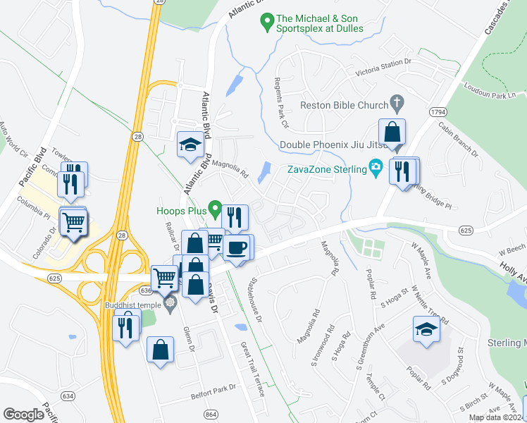 map of restaurants, bars, coffee shops, grocery stores, and more near 21963 Manning Square in Sterling