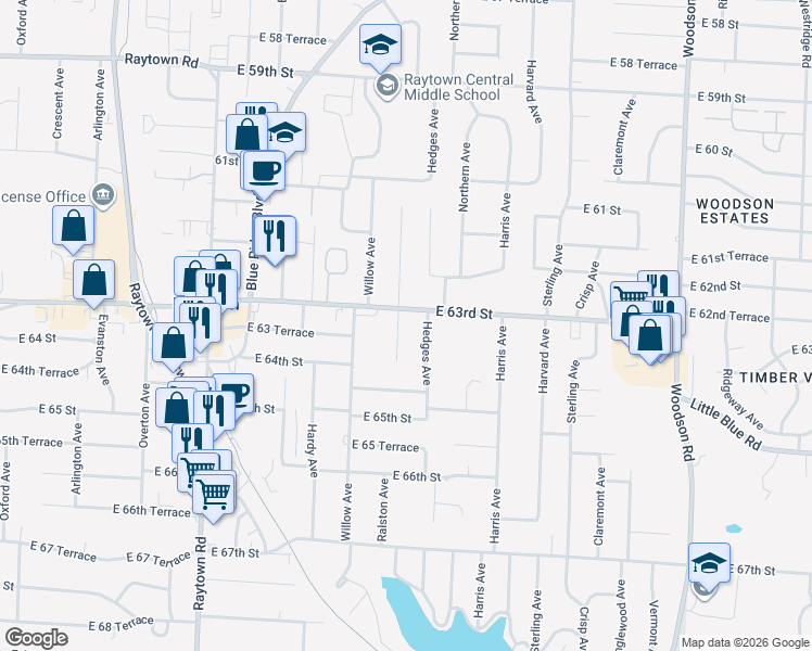 map of restaurants, bars, coffee shops, grocery stores, and more near 6312 Hedges Avenue in Raytown