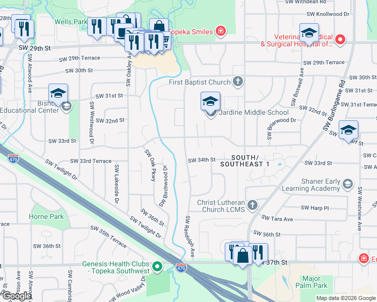 map of restaurants, bars, coffee shops, grocery stores, and more near 3320 Southwest Randolph Avenue in Topeka