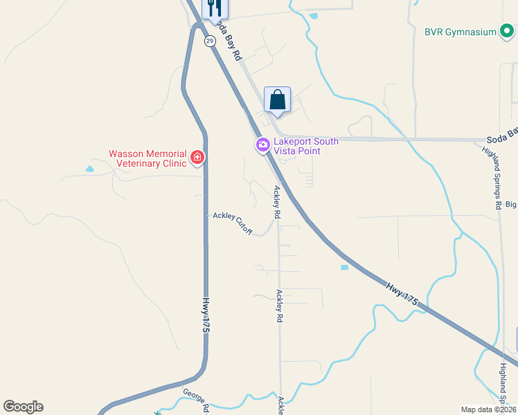 map of restaurants, bars, coffee shops, grocery stores, and more near 3302 Ackley Road in Lakeport