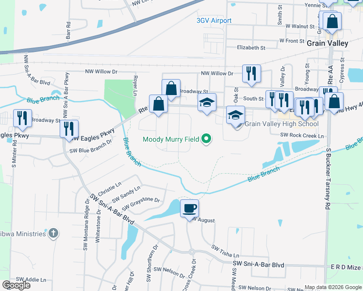 map of restaurants, bars, coffee shops, grocery stores, and more near 901 Stonebrook Drive in Grain Valley