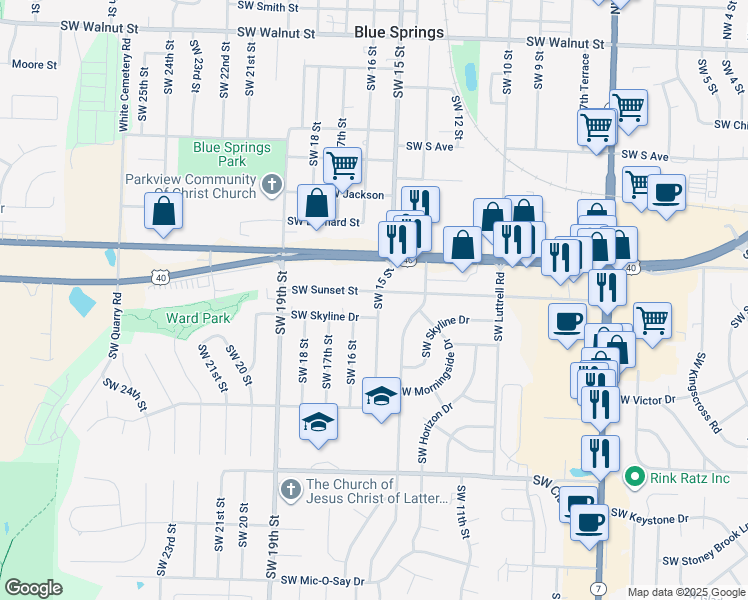 map of restaurants, bars, coffee shops, grocery stores, and more near 1501 Southwest Skyline Drive in Blue Springs