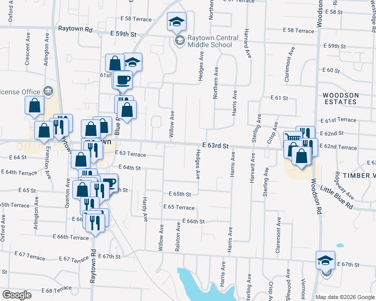 map of restaurants, bars, coffee shops, grocery stores, and more near 6312 Hedges Avenue in Raytown
