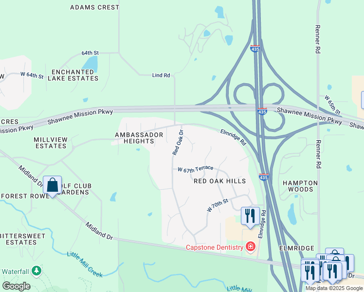 map of restaurants, bars, coffee shops, grocery stores, and more near 6717 Red Oak Drive in Shawnee