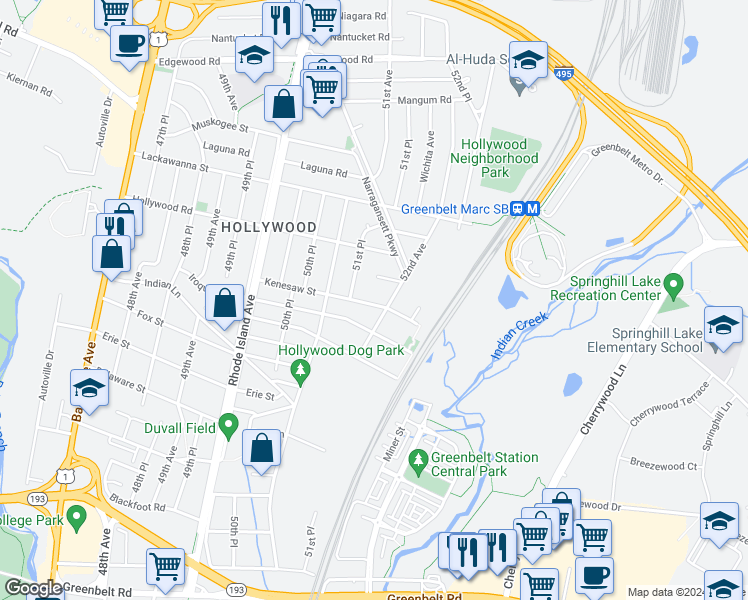 map of restaurants, bars, coffee shops, grocery stores, and more near 5116 Kenesaw Street in College Park