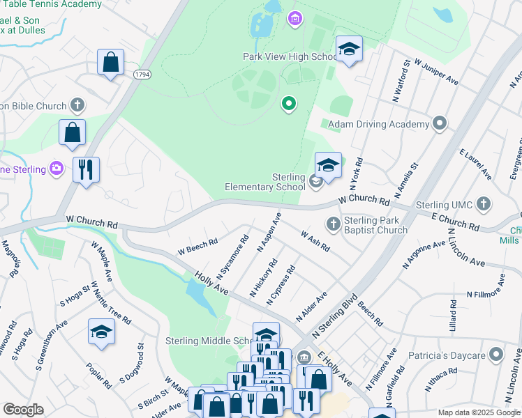 map of restaurants, bars, coffee shops, grocery stores, and more near 507 West Church Road in Sterling
