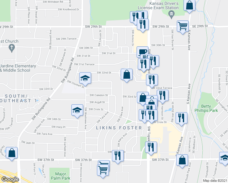 map of restaurants, bars, coffee shops, grocery stores, and more near 3270 Southwest Tara Avenue in Topeka
