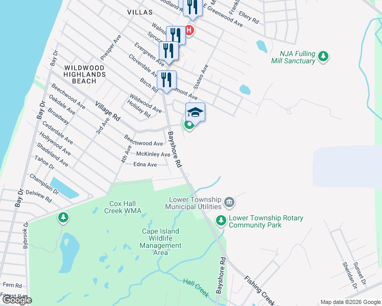 map of restaurants, bars, coffee shops, grocery stores, and more near 2702 Bayshore Road in Villas