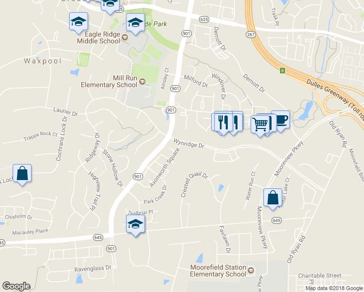 map of restaurants, bars, coffee shops, grocery stores, and more near 22000 Avonworth Square in Broadlands