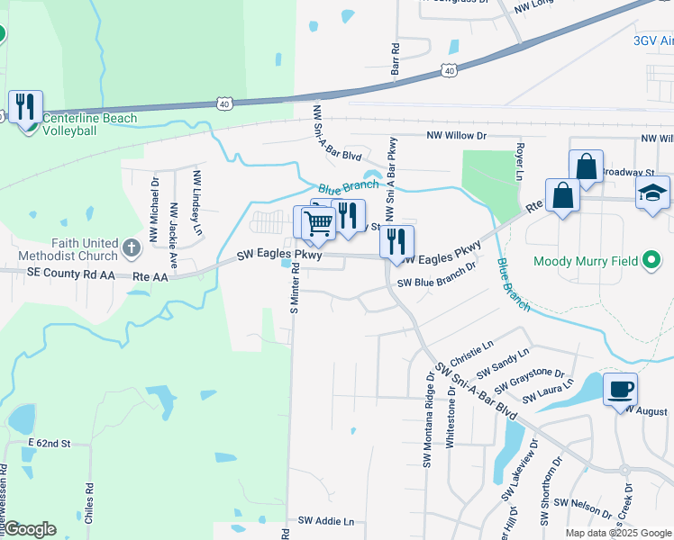 map of restaurants, bars, coffee shops, grocery stores, and more near 1325 Southwest Minter Way in Grain Valley