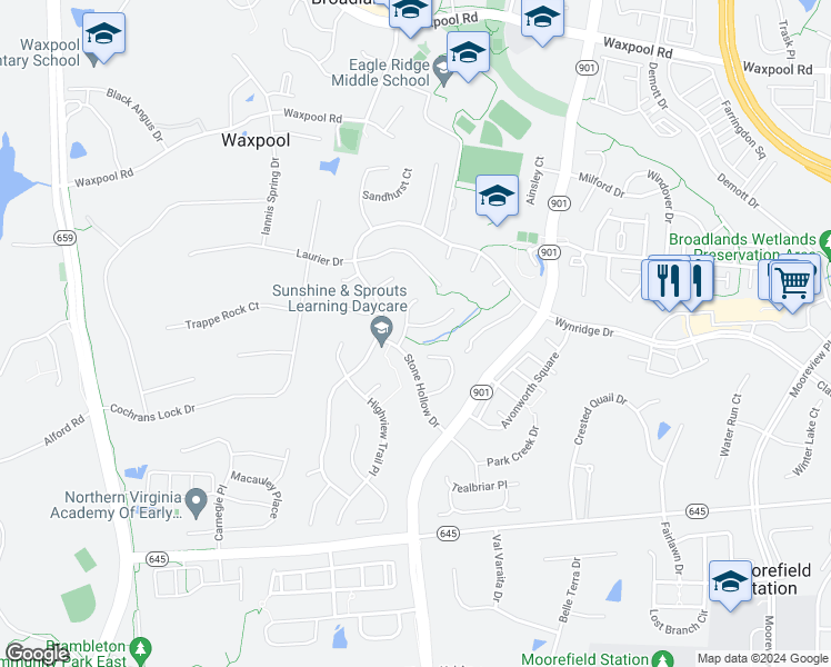 map of restaurants, bars, coffee shops, grocery stores, and more near 42895 Park Brooke Court in Broadlands