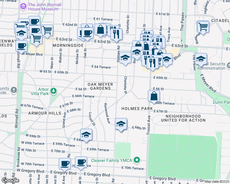map of restaurants, bars, coffee shops, grocery stores, and more near 637 East 66th Terrace in Kansas City