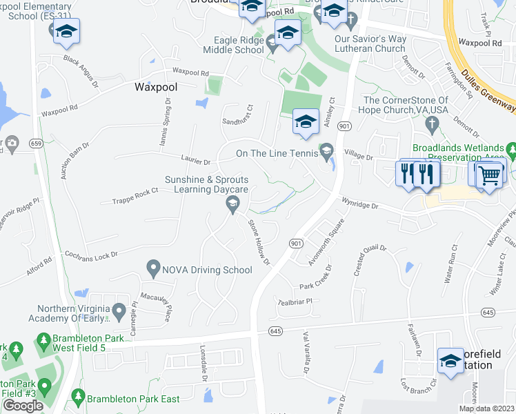 map of restaurants, bars, coffee shops, grocery stores, and more near 42899 Park Brooke Court in Broadlands