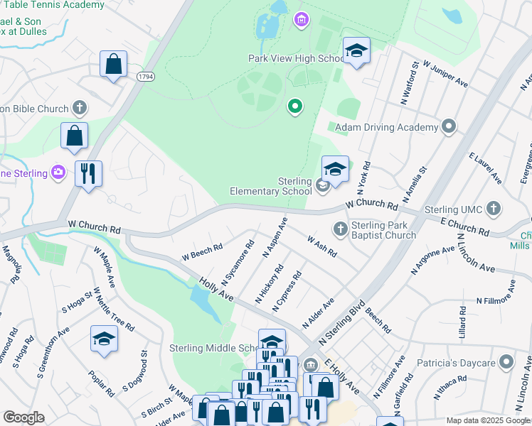 map of restaurants, bars, coffee shops, grocery stores, and more near 507 West Church Road in Sterling