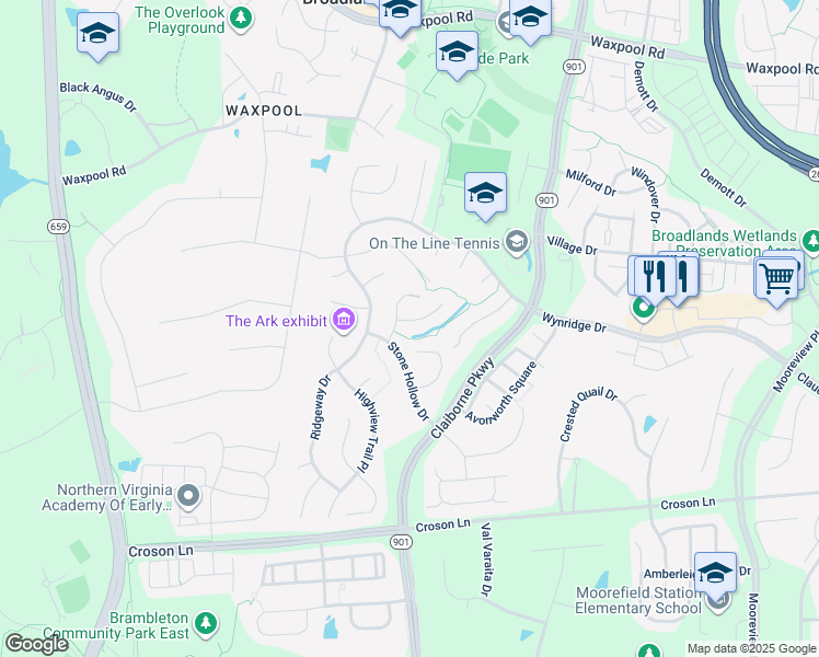 map of restaurants, bars, coffee shops, grocery stores, and more near 42899 Park Brooke Court in Broadlands