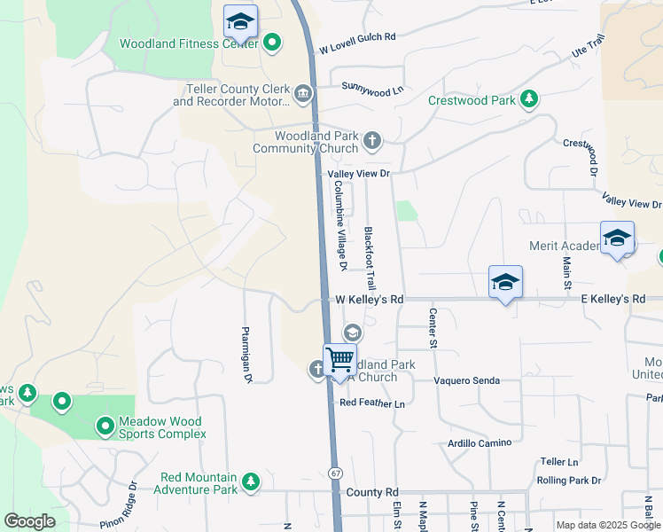 map of restaurants, bars, coffee shops, grocery stores, and more near 761 Columbine Village Drive in Woodland Park