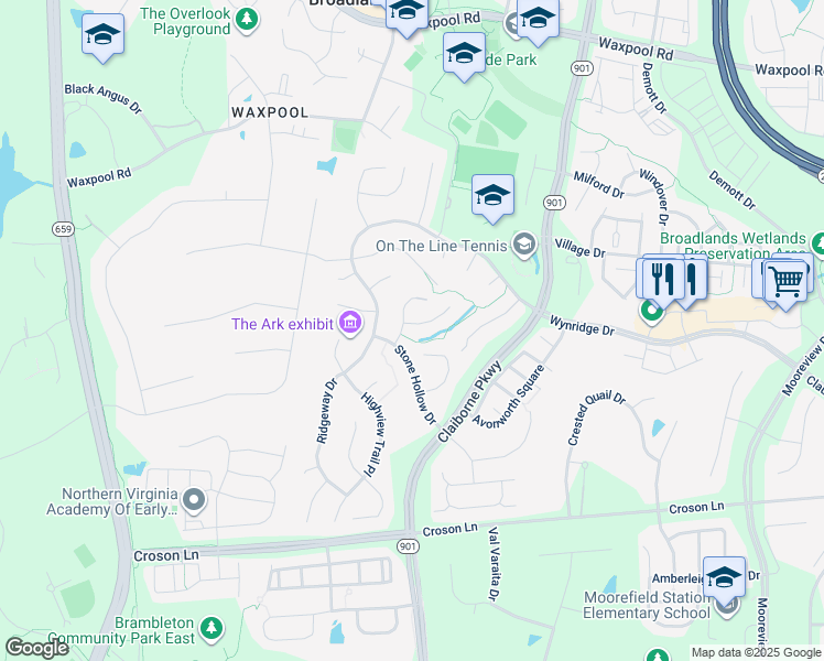 map of restaurants, bars, coffee shops, grocery stores, and more near 42895 Park Brooke Court in Broadlands