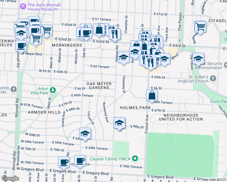 map of restaurants, bars, coffee shops, grocery stores, and more near 637 East 66th Terrace in Kansas City