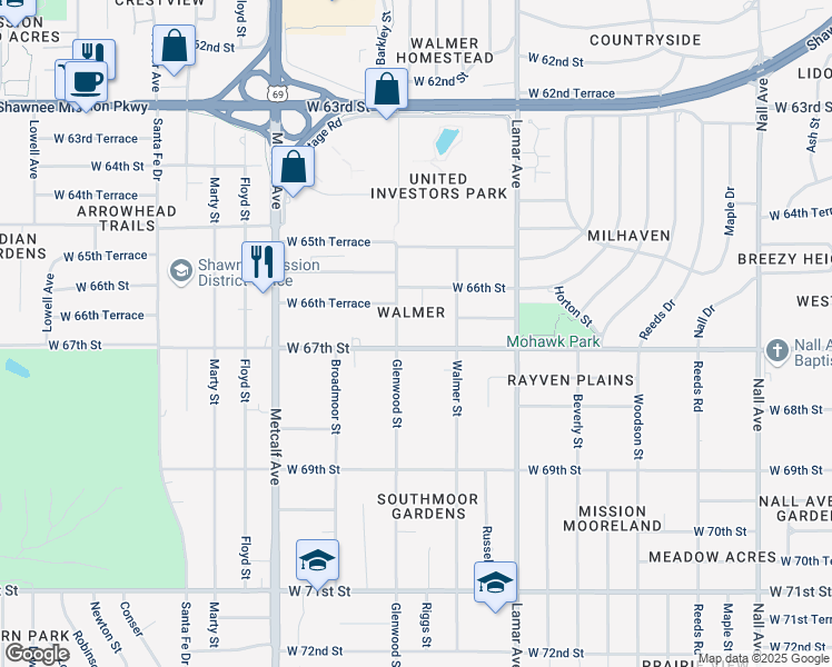 map of restaurants, bars, coffee shops, grocery stores, and more near 6521 West 67th Street in Mission