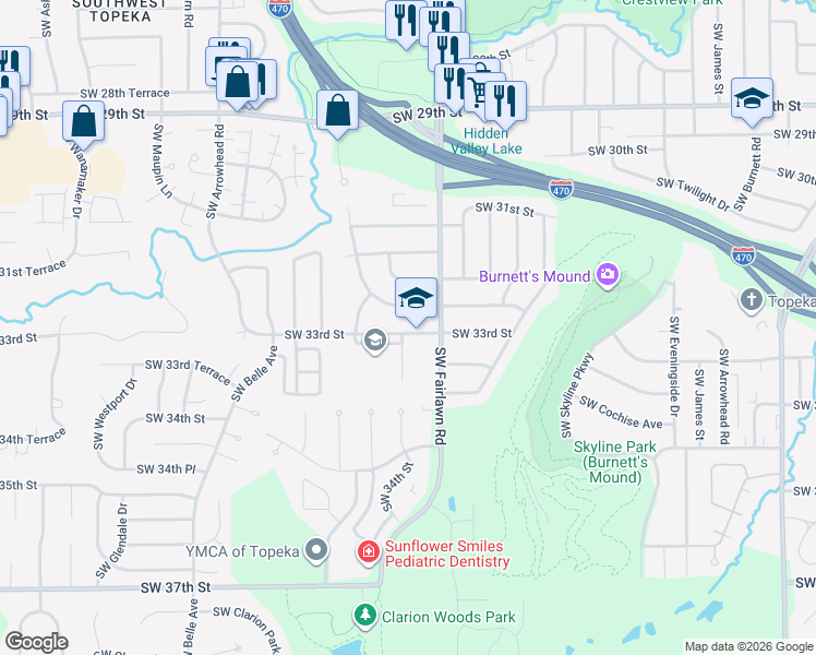 map of restaurants, bars, coffee shops, grocery stores, and more near 5257 Southwest 33rd Street in Topeka