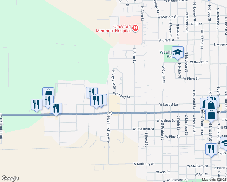 map of restaurants, bars, coffee shops, grocery stores, and more near 1100 West Cherry Street in Robinson