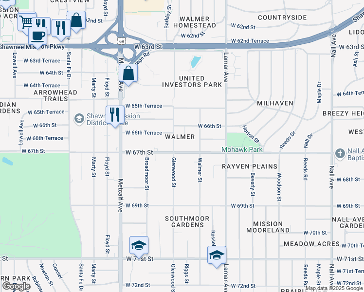 map of restaurants, bars, coffee shops, grocery stores, and more near 6521 West 67th Street in Mission