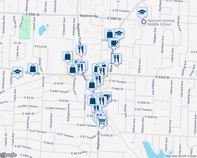 map of restaurants, bars, coffee shops, grocery stores, and more near 6328 Raytown Road in Raytown