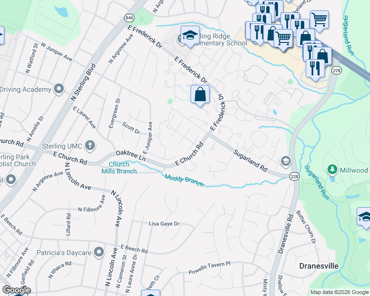 map of restaurants, bars, coffee shops, grocery stores, and more near 21039 Thoreau Court in Sterling