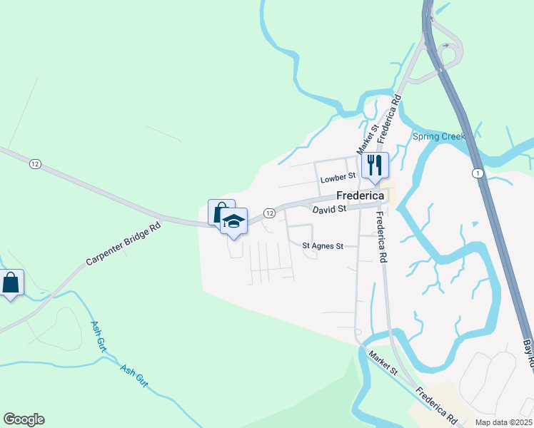 map of restaurants, bars, coffee shops, grocery stores, and more near 113 Delaware 12 in Frederica