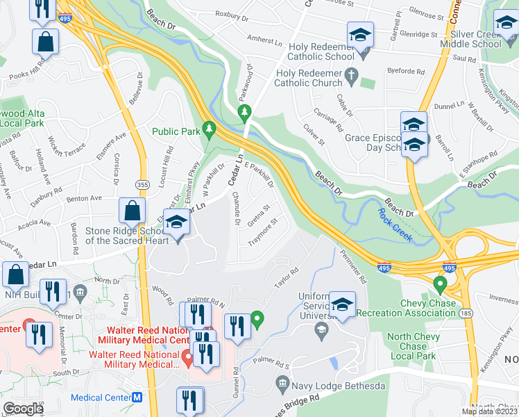 map of restaurants, bars, coffee shops, grocery stores, and more near 4509 Gretna Street in Bethesda