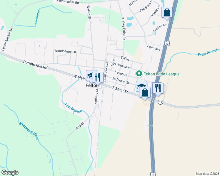 map of restaurants, bars, coffee shops, grocery stores, and more near 206 East Railroad Avenue in Felton
