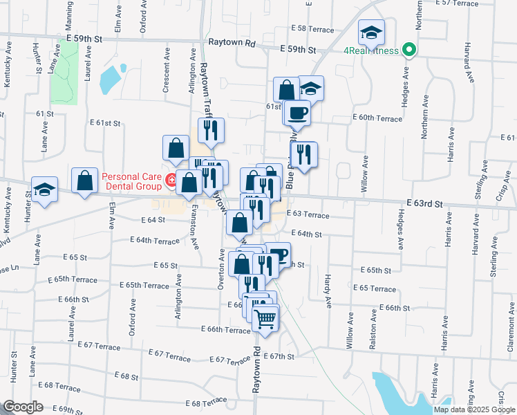 map of restaurants, bars, coffee shops, grocery stores, and more near 6328 Raytown Road in Raytown
