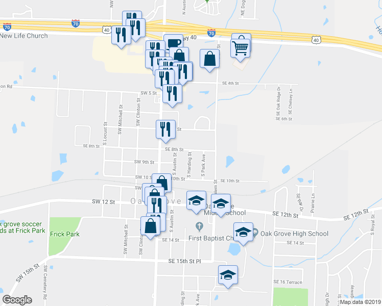 map of restaurants, bars, coffee shops, grocery stores, and more near 801 Harding Street in Oak Grove